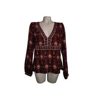 Idyllwind Miranda Lambert Burgundy Boho Damask V-Neck Blouse M western cowgirl